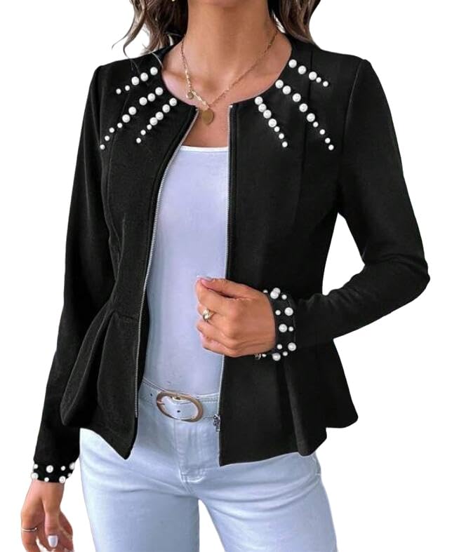 LifeShe Women's Pearls Blazer Work Office Crewneck Zipper Ruffle Hem Dressy Peplum Jackets2