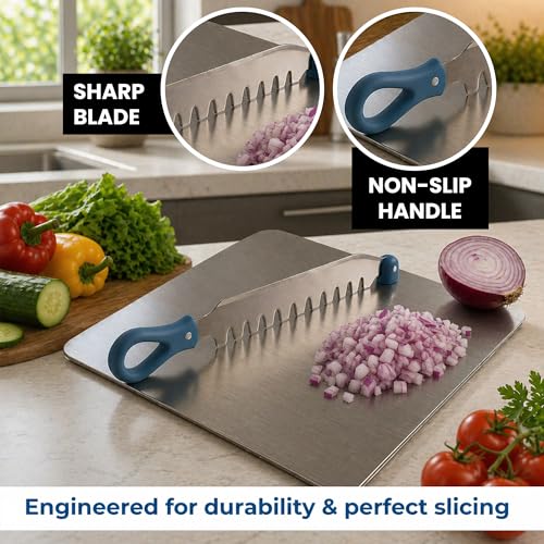Image of SUPERMOM Steel Chopping Board 1 Pc - Stainless Steel Multifunctional Cut & Chop Vegetable Slicer Tool - Adjustable Cutting Guide with Non Slip Handle for Uniform Slicing of Carrots, Beans & Vegetables