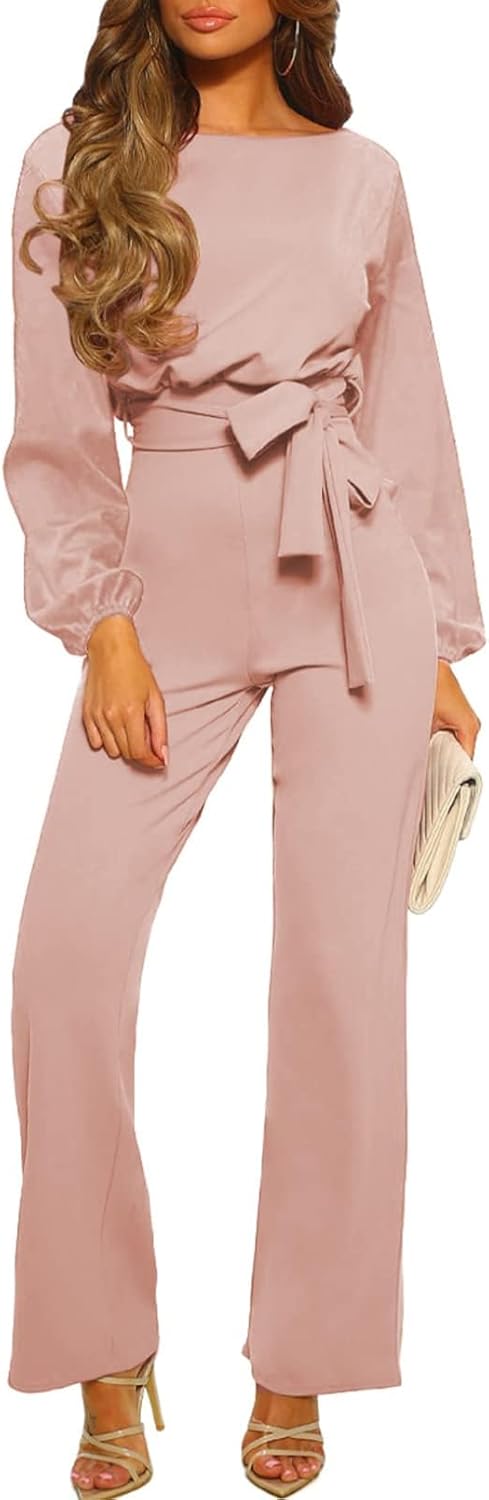 Happy Sailed Womens Dressy Jumpsuits Long Sleeve Belted Wide Leg Pant Romper Jumpsuit Wedding Guest Outfits