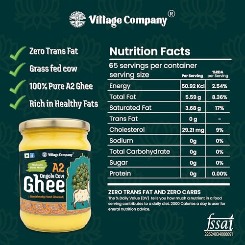 Image of Village Company A2 Cow Ghee Bilona Method | Bilona Ghee Ongole Cow | Bilona Ghee | Pure Ghee A2 Desi Cow Ghee | Vedic Pure Organic | Traditional Curd Churned | Lab-Certified | Glass Jar One Litre (1000 ML A2 Cow Ghee)