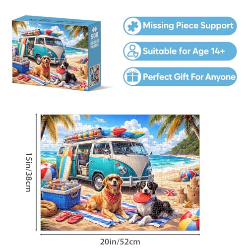 Rompecabezas de 500 piezas para adultos, escena playera con perro y auto, rompecabezas relajante de vacaciones con cachorros, actividad familiar ideal como regalo miniatura 2