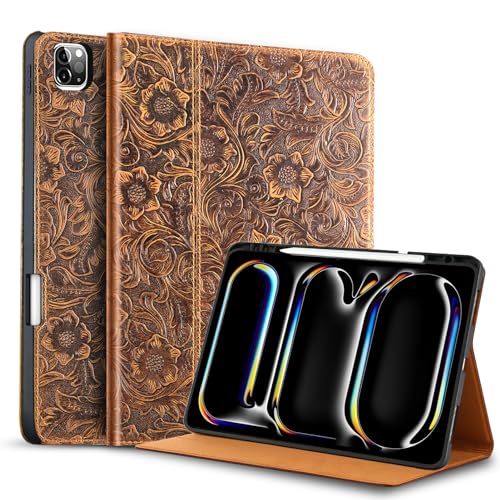 Gexmil Genuine Leather Case for iPad Pro 11 Inch M4 2024 with Pencil Holder,Protective Shockproof Premium Leather Smart Folio Cover Adjustable Stand Auto Sleep/Wake Anti-Slip, Flower Brown