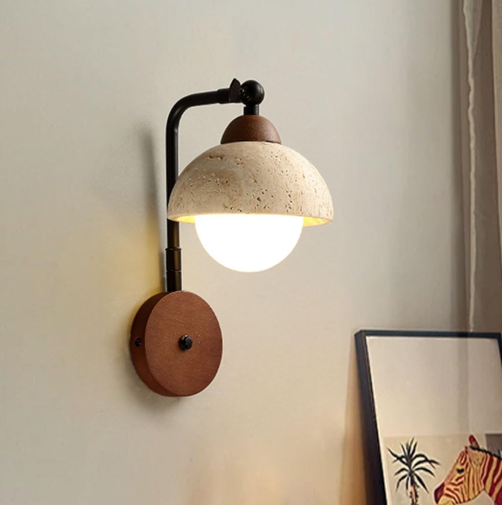 Natural Travertine Wall Sconce, Wabi Sabi Wall Light Fixture with Adjustable Stone Dome Lampshade Wooden Base and Curved Arm, Modern Marble Wall Sconce for Bedroom Living Room Kitchen Island