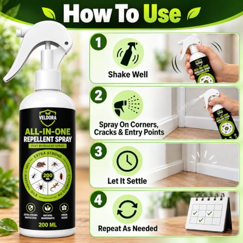 Image of VELDORA All-in-One Pest Repellent Spray (200ml) | 100% Plant-Based Essential Oil Formula | Natural Repellent for Lizards, Ants, Cockroaches & Mosquitoes | Skin-Safe, Baby-Safe, Pet-Safe (PACK = 1)