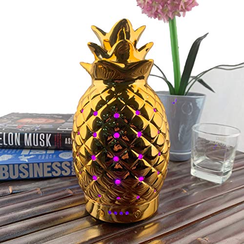 COOSA - Difusor de perfume con forma de piña para aceites esenciales. 4 ajustes de hora y 7 colores diferentes LED., dorado