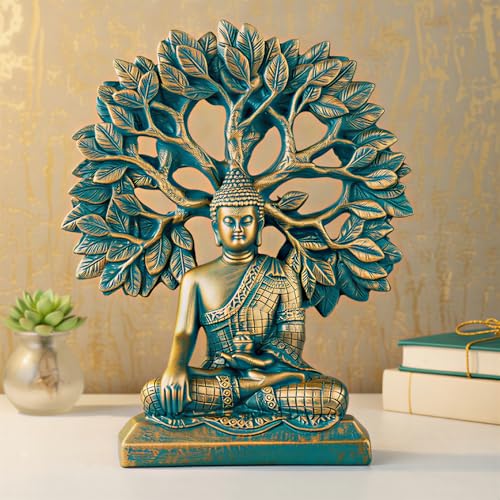 Image of Global Grabbers Buddha Statue Showpiece Idol Home Decor Decoration Items for Living Room and Gifts (Antique Golden Blue)