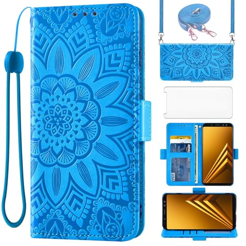 Cover per Samsung Galaxy A8 2018 Duos con Cordino e Pellicola Vetro Temperato Supporto Regolabile Pelle Portacarte Portafoglio Custodia per protettiva A530 A530F SM-A530F Cellulare Case Blu