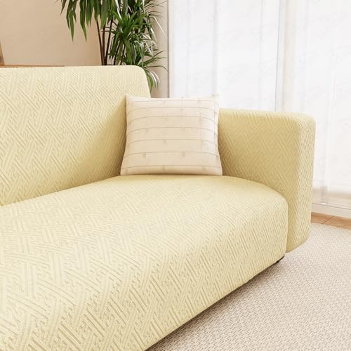 Image of Lukzer 3 Seater Pastel Yellow Grid Maze Pattern Sofa Cover | 240 GSM Universal Stretch Fit Jacquard Fabric Couch Protector | Fully Covered Anti Slip & Washable Sofa Cover (180-230cm /SC-105-03)