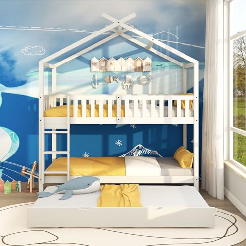 Moimhear Cama infantil de 90 x 200 cm, cama juvenil, tres camas, extensible, diseño que ahorra espacio, color blanco (blanco)