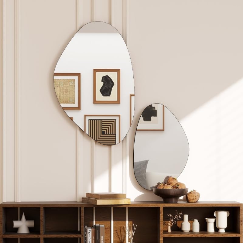 Set di 2 specchi da parete, 70 x 46 cm, 49,5 x 31 cm, specchio da finestra con cornice in metallo, specchio da appendere a forma di ciottolo, nero