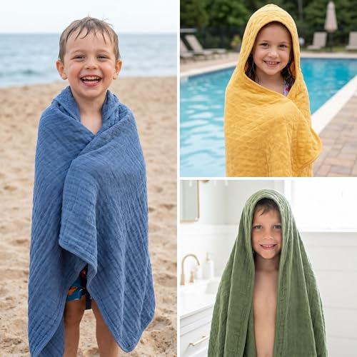 Image of Peryiter 6 Pcs Muslin Hooded Baby Towels, 32 inchx 32 inch Cotton Newborn Bath Towel Muslin Infant Baby Blankets Absorbent Unisex Newborn Registry Gift Essentials for Girls Boys (Dark Color Series)