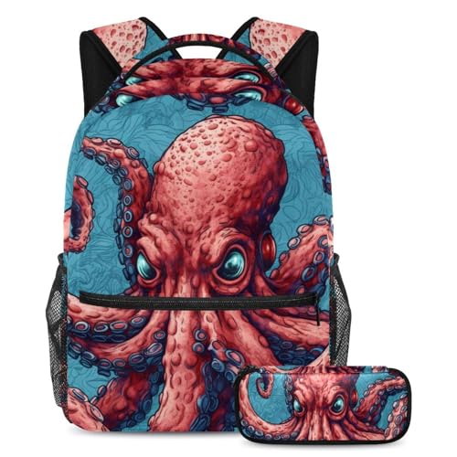 Sac à dos ocean animal decor rouge 42cm avec trousse pour élèves