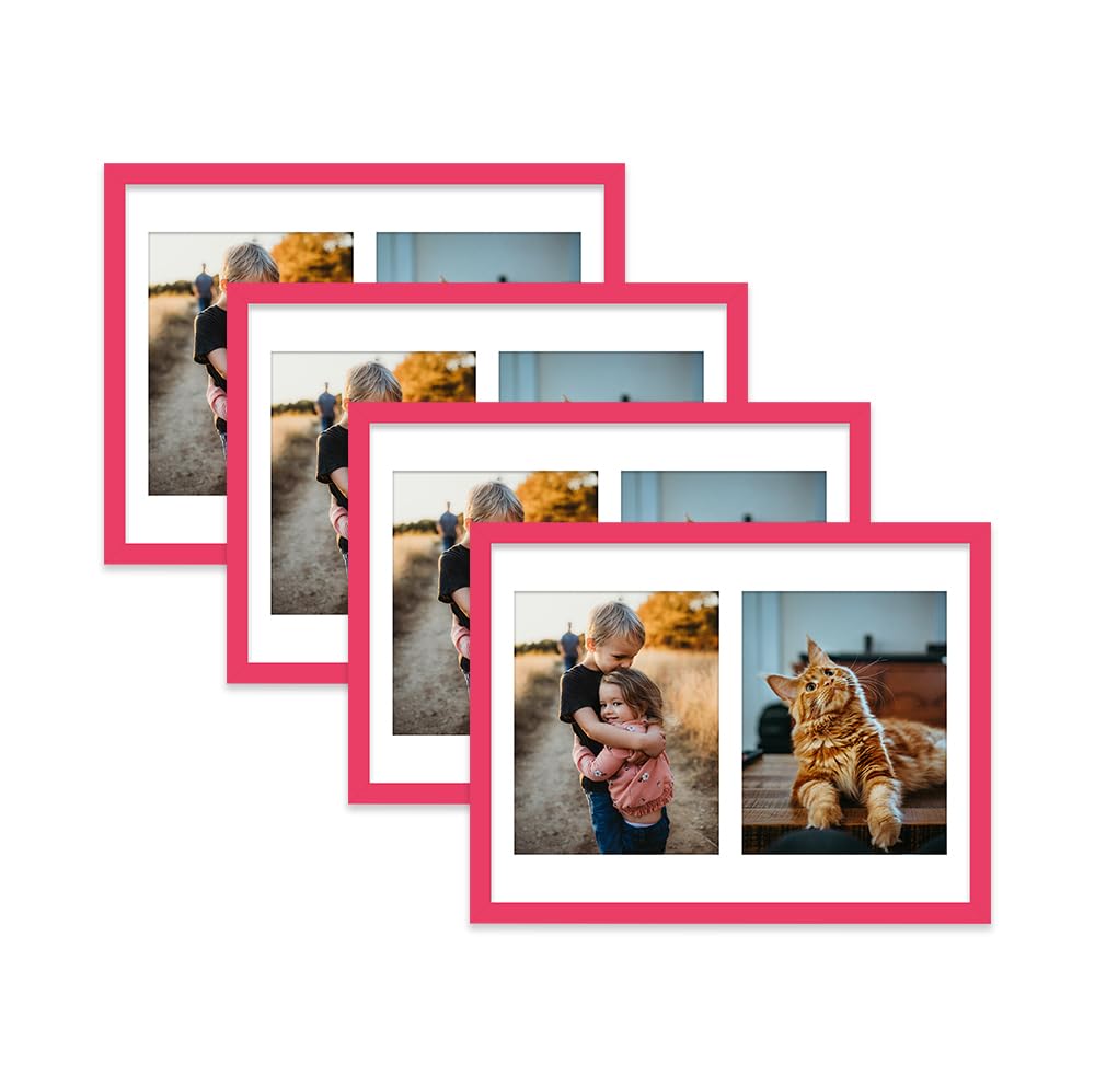 Bright Pink Multi Photo Frame - Holds 2 x 9x7 Pictures, Family Collage Picture Frame for Wall Display, 16x12 Frame size, Set of 4