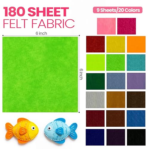 Image of Moukeren 180 Pcs 6 X 6 Inch Felt Sheets, 20 Colors | Stiff Fabric Squares Ideal Craft Sewing, DIY Patchwork Projects, Nonwoven Material, Bulk Supply Holiday and Festival Decor
