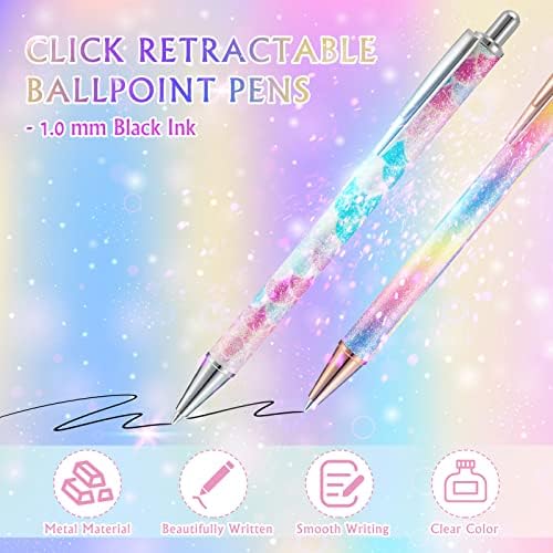 2 Pcs Ballpoint Pens Glitter Click Ball Pens Journaling Pens Cute Women Bling Ink Pens Easy Writing Pens Metal Retractable Pen Black Ink Medium Point Pens 1mm for School and Office