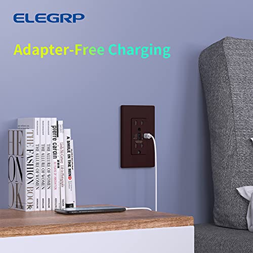 Image of ELEGRP USB Outlets, 30W 6.0 Amp USB C Outlets Receptacles, 3-Port USB Wall Outlet, 15 Amp Tamper-Resistant Outlet with 2 USB C Ports, UL Listed, Screwless Wall Plate Included, 10 Pack, Matte Brown