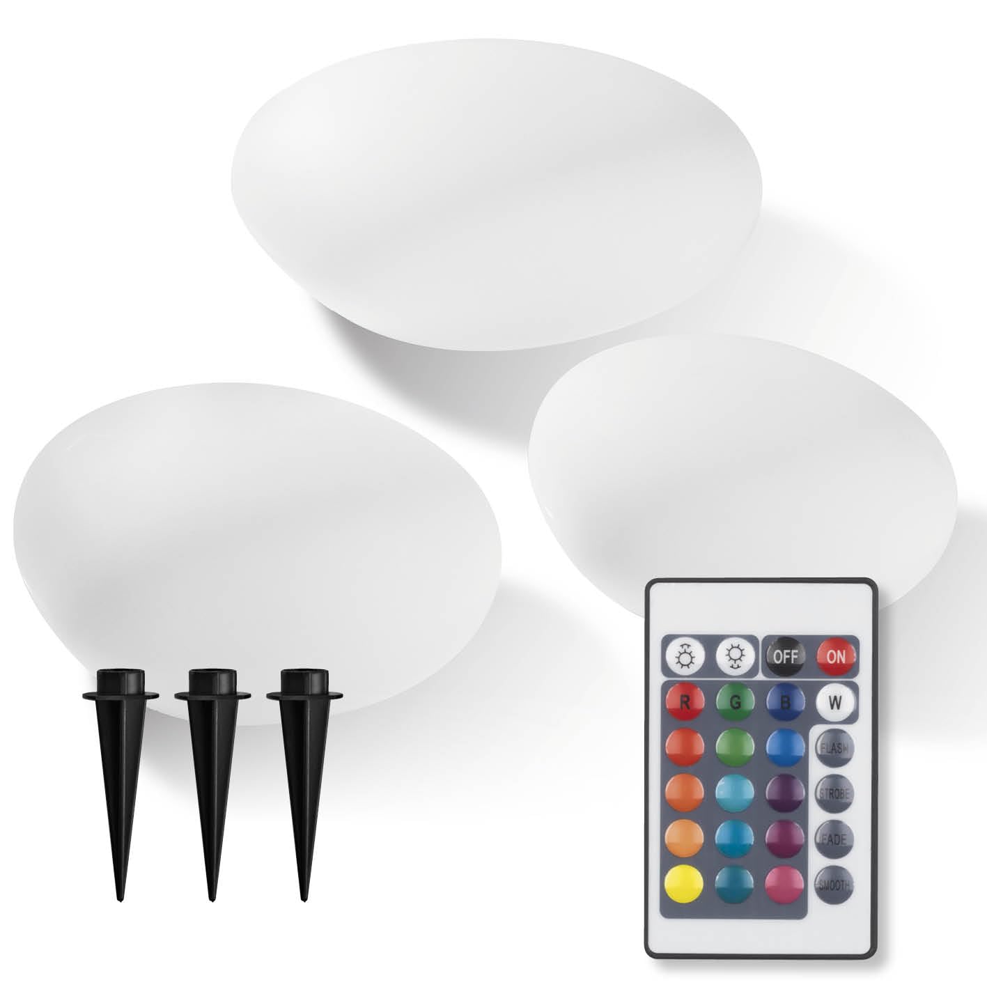 EASYmaxx Set de 3 piezas de piedra solar decorativa | Lámpara de jardín con iluminación LED de cambio de color | Lámpara de jardín exterior moderna | Control remoto | Magníficos efectos de luz | IP67