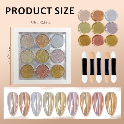 Image of 9 Colors Chrome Nail Powder Palette, Gold Silver Pink Metallic Mirror Holographic Chrome Powder for Nails, Fine Glitter Nail Art Decoration for Home DIY Salon Manicure Pigment, C