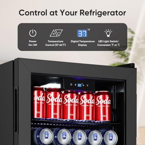 Image of 120 Cans Beverage Refrigerator Freestanding, Small Beverage Cooler with Glass Door, Mini Drink Fridge for Beer Soda, 3.0 Cu.Ft for Office, Home, Bar, White LED Light & Reversible Door - Black
