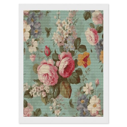 Peinture diamant vintage fleurs avec strass ronds brillants pour mur