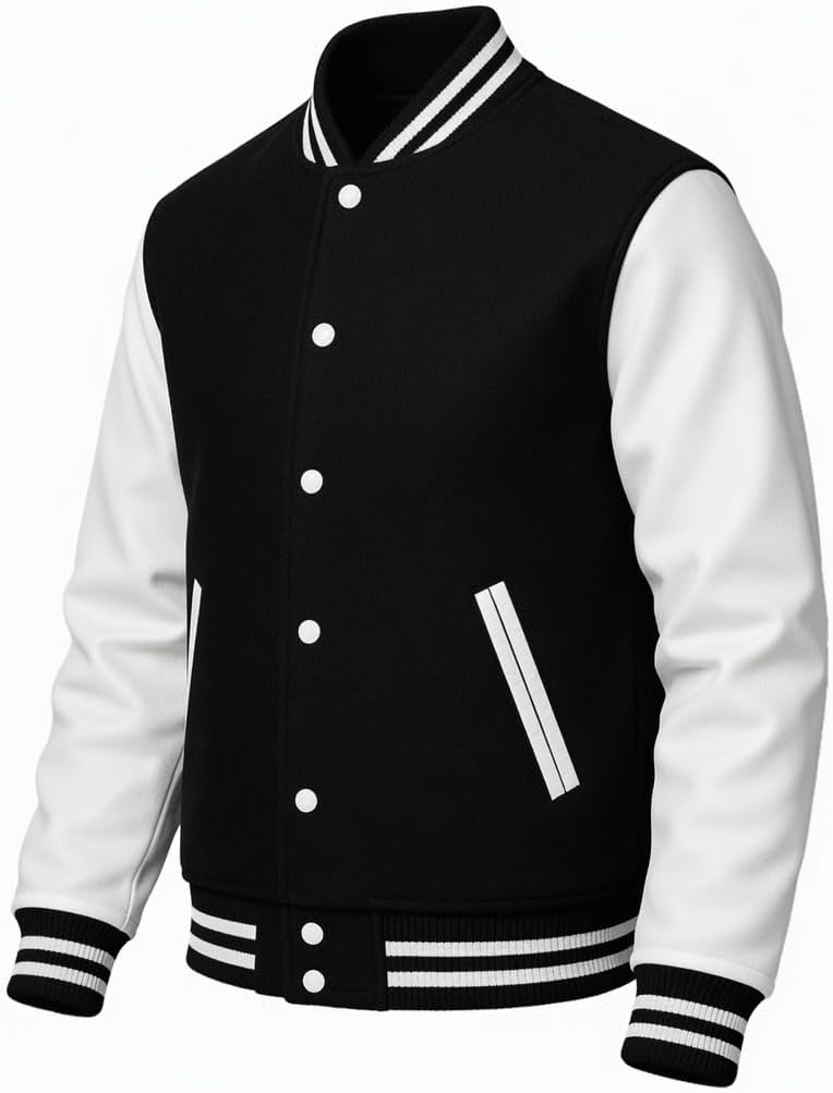 Men’s Varsity Jacket – Wool Body with Genuine Leather Sleeves Classic Letterman Baseball Bomber Jacket