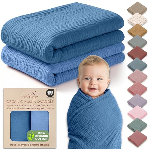 Image of infancie 100% Organic Cotton Muslin Baby Blanket - 47 x 47 Inch Breathable Muslin Swaddle Blanket, Hypoallergenic Double-Layer, Soft and Cozy Blankets for Sleeping & Everyday Use (Slate/Aquarius)