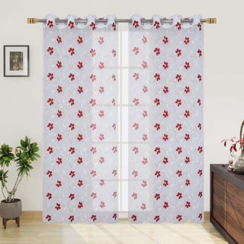 Image of Embroidery Floral Net Transparent Sheer Curtain - 9X4 Feet, Long Door Curtains, Maroon, Pack of 1 Pc