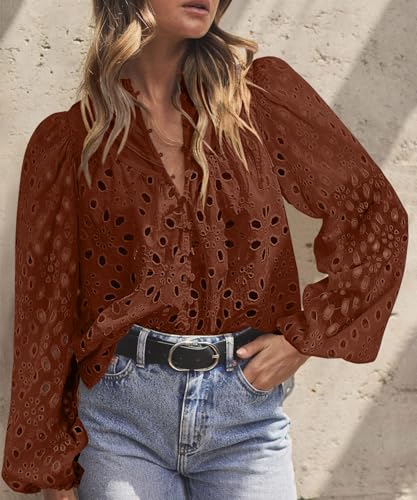 BETTE BOUTIK Women's Long Short Sleeve Tops 2025 Dressy Casual Button Hollow Out Lace Embroidered Blouses Shirts