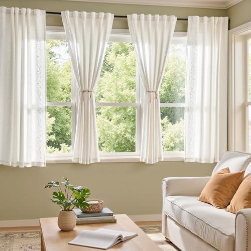 Image of jinchan White Floral Linen Curtains for Living Room 63 inch Back Tab 2 Panels