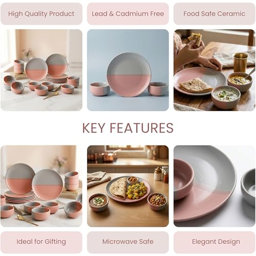 Image of The Earth Store DT Grey Pink Ceramic Dinner Set, 18 Piece Plates & Bowls Set | Microwave & Dishwasher Safe Dinnerware | Bone-Ash Free Crockery Set for Dining Table
