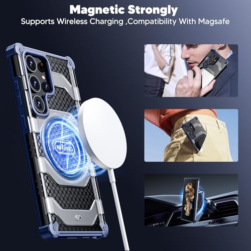 Image of Magnetic Case for Samsung Galaxy S24 Ultra [Compatible with Magsafe] [Military-Grade Protection] Translucent Matte Hard Back Slim Heavy Duty Shockproof Phone Cover 6.8 Inch - Blue