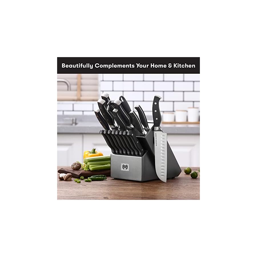 19-Piece-Kitchen-Knife-Set-With-Wooden-Block-Best-German-Forged-Stainless-Steel-Knife-Sets-for-Kitchen-with-Block-Professional-Use-Paring-Chef-Carving-8-Steak-Knives-Knife-Sharpener-Shears Master Maison 19-Piece Kitchen Knife Set with Wooden Block and Knife Sharpener - Stainless Steel Cutlery Set in Block - Professional Master Maison Knife Set - Kitchen Knives Sets (Gray)