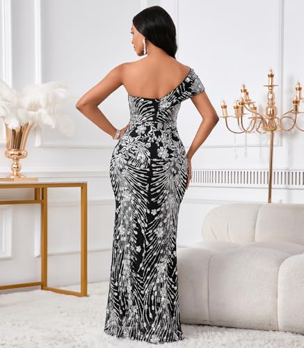 Image of Cololura Women Sexy Sequin One Shoulder Mermaid Formal Party Cocktail Gowns Bodycon Evening Maxi Dress