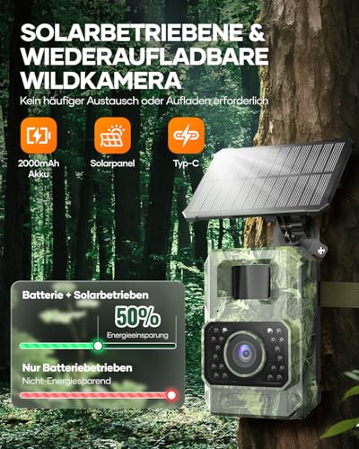 Assark Wildkamera mit Handyübertragungs-App, 48MP 30fps WIAN Solar Wildkamera mit Bewegungsmelder Nachtsicht, Wiederaufladbare 2000mAh Lithium-Batterie, 0,2S Auslöser, IP66 Wasserdicht