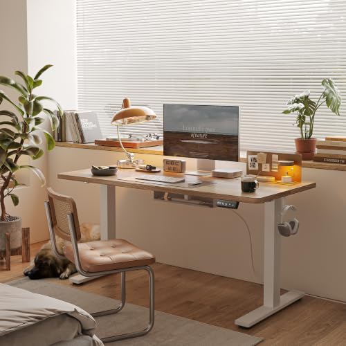 Image of TIQLAB Electric Standing Desk with Cable Tray, 55'' x 24'', Maple