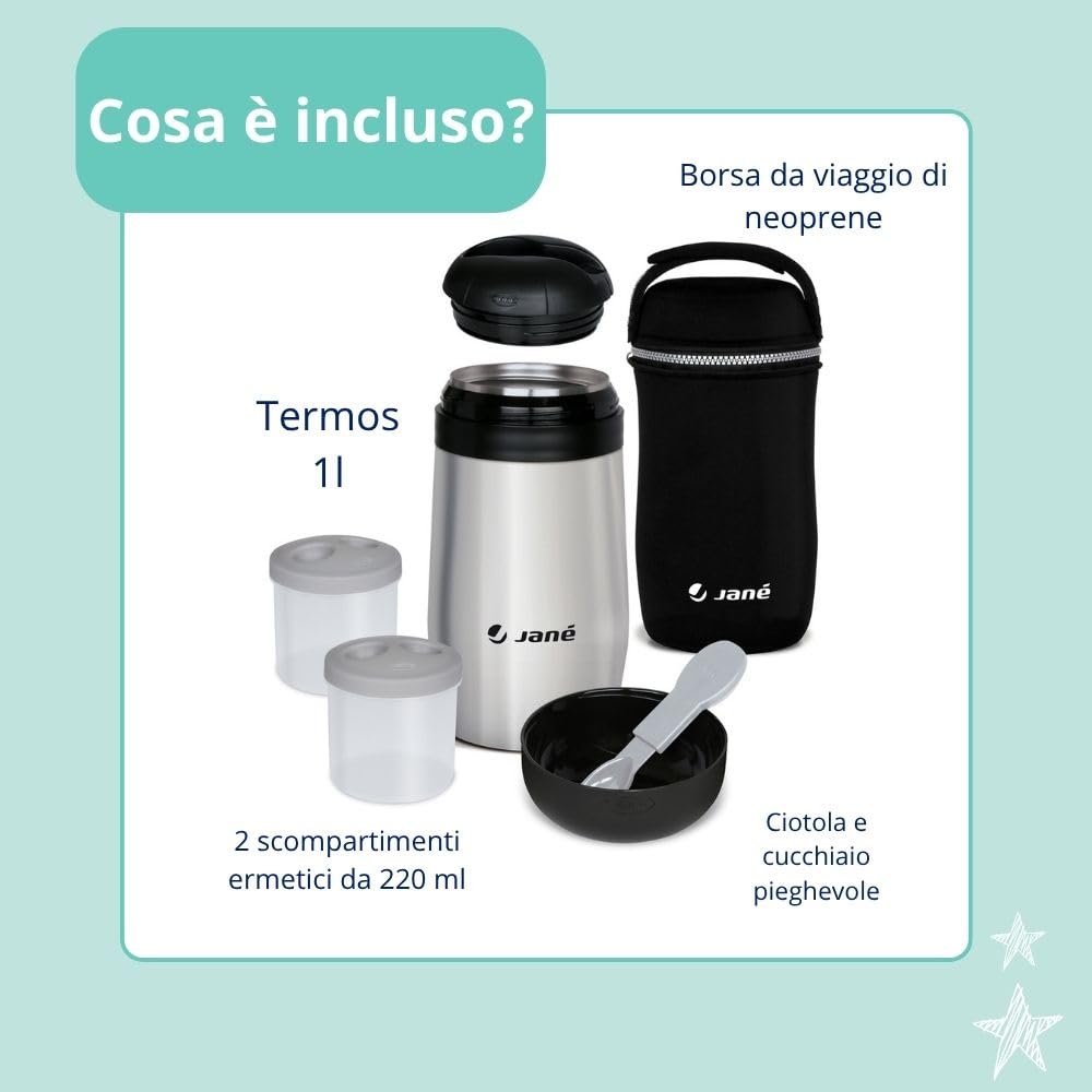 Jané Thermos 1L 2 Contenitori Ermetici Mantiene Caldo e Freddo 8h Borsa Termica Grigio
