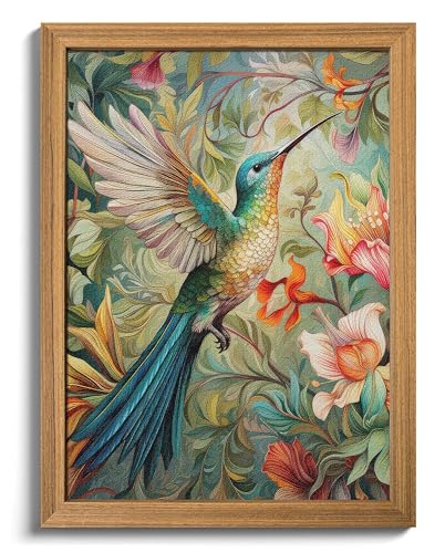Framed Vintage 3D Textured Wall Art - Colorful Hummingbird Floral