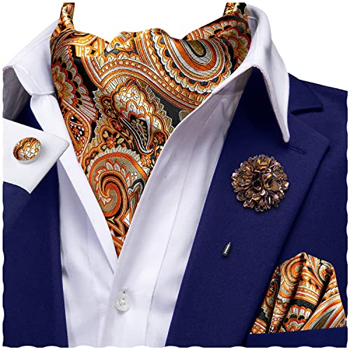 Image of Hi-Tie Silk Ascot for Men Self Tie Men's Cravat and Flower Lapel Pin Handkerchief Cufflinks Set for Wedding Party
