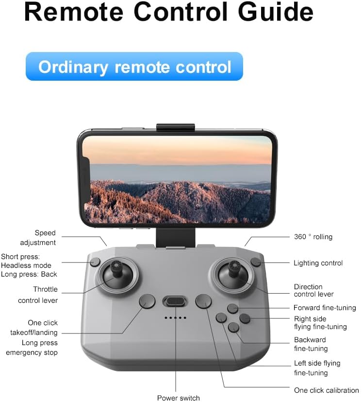 Diagram of the SuperRC M23 drone remote control, labeling buttons for speed adjustment, headless mode, throttle, one-click takeoff/landing, emergency stop, 360-degree rolling, lighting control, direction control, forward/backward/left/right fine-tuning, and one-click calibration.