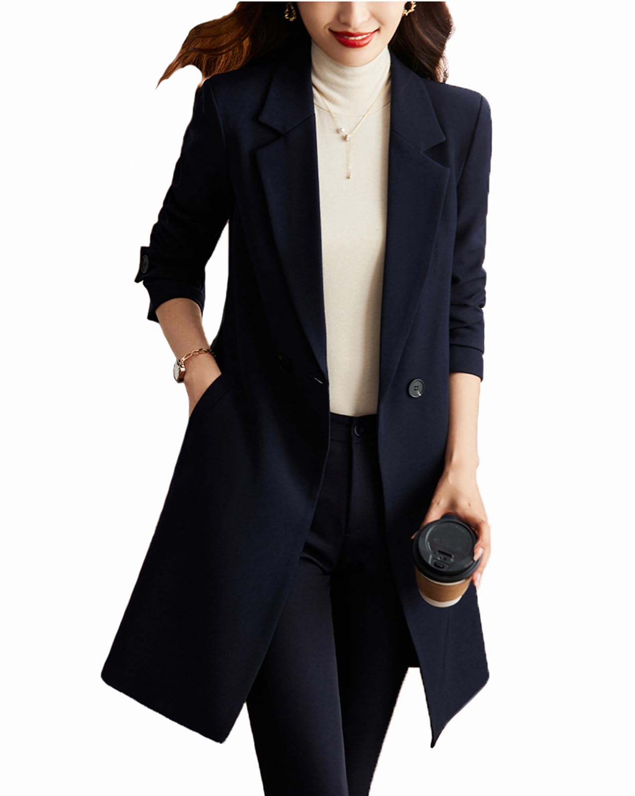 Womens 2 Piece Pant Suits Notch Lapel Overcoat Trouser Set Office Ladies Wear Separates-Coat Pant