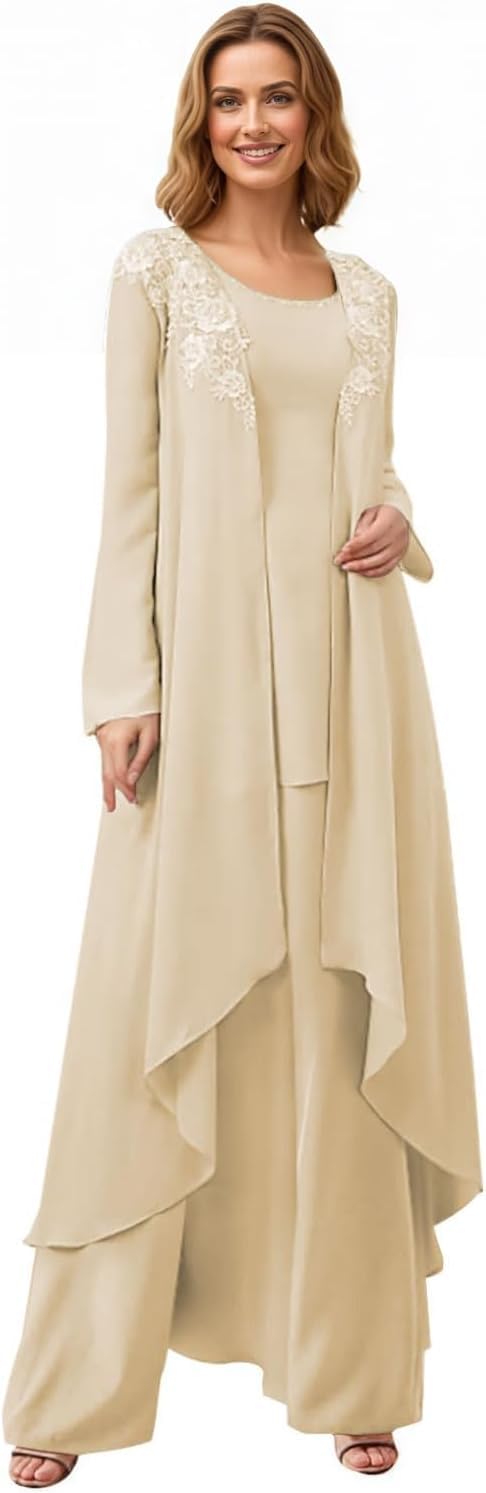 3-Teilig Festliche Elegant Hosenanzug Damen Chiffon Mit Spitzenstickerei - Hochzeitsgast Brautmutter Outfit Mit Jacke Langarm Hosenanzüge Formelle Abendgarderobe