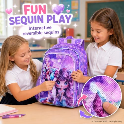 Image of 3Pcs Unicorn Backpack for Girls, 16 inch Kids Bookbag with Lunch Box，School Backpacks for Elementary Preschool Kindergarten (Purple)