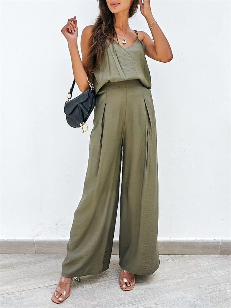 HOULENGS Women's Summer 2 Piece Outfits Sleeveless Spaghetti Strap Tops and Wide Leg Pants Matching Sets Casual Tracksuit - Image 4