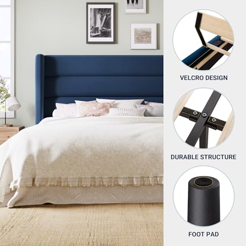 Image of Allewie Queen Size Platform Bed Frame with Velvet Upholstered Wingback Headboard, No Box Spring Needed, Under Bed Storage Space, Wooden Slats, Modern Mattress Foundation, Easy Assembly, Blue