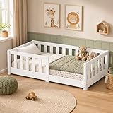Easy Act Kinderbett 70x140 cm Weiß – Bodenbett aus Massivholz Kiefer mit Lattenrost & Rausfallschutz – Montessori Bett für Kinder, Mädchen & Jungen, stabiles Holzbett/Einzelbett