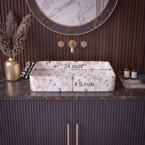 Image of Wash Basin Countertop | Tabletop Ceramic Bathroom Sink | Wash Basin Over Counter (Modern - White Gold 24 x 14 x 5 Inch)