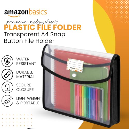 Image of Amazon Basics Multicolor Horizontal Opening File Folder, Poly-Plastic Documents Organizer, Transparent A4 /Foolscap Papers File Storage Bag with Snap Button, best for Office Use | Set of 5 - Multicolor