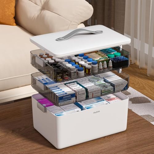 Image of JOYBOS 3-Tier Medicine Storage Box Cabinet, Empty First Aid Kit Portable Medical Supply Organizer with Leather Handle for Home 3-Tier Medicine Storage Box