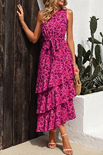 PRETTYGARDEN Women's Summer Floral Sundress Casual One Shoulder Tiered Ruffle Flowy Midi Beach Boho Dresses (Floral Rose Red,Small) - image 7
