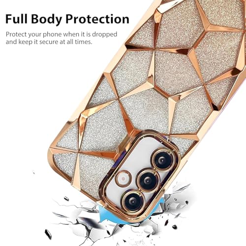 Image of VONZEE Gradient Glitter Clear Case for Samsung S25 Plus, Luxury Electroplated 3D Cube, Diamond Bling Shiny Soft TPU Clear Shockproof Women Girls Protective Phone Cover (Gold)